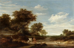 Landscape with gracing cows and sheeps